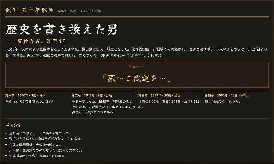 戦国の実在人物4,948人に転生する無料ブラウザゲーム『五十年転生』公開の画像